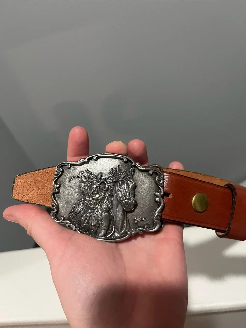 Vintage Artaffects Native American Chief Crazy Horse Pewter Belt Buckle 1989 USA